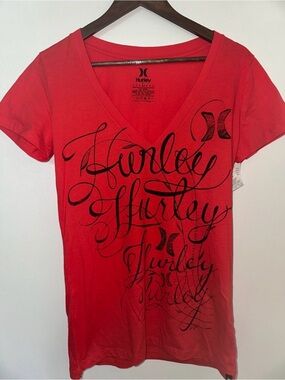 Hurley Red V-Neck Script Graphic Tee